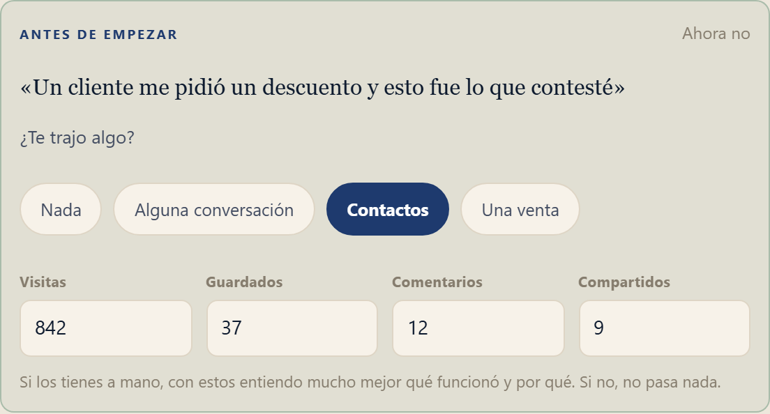 La pantalla de valoración con las métricas reales